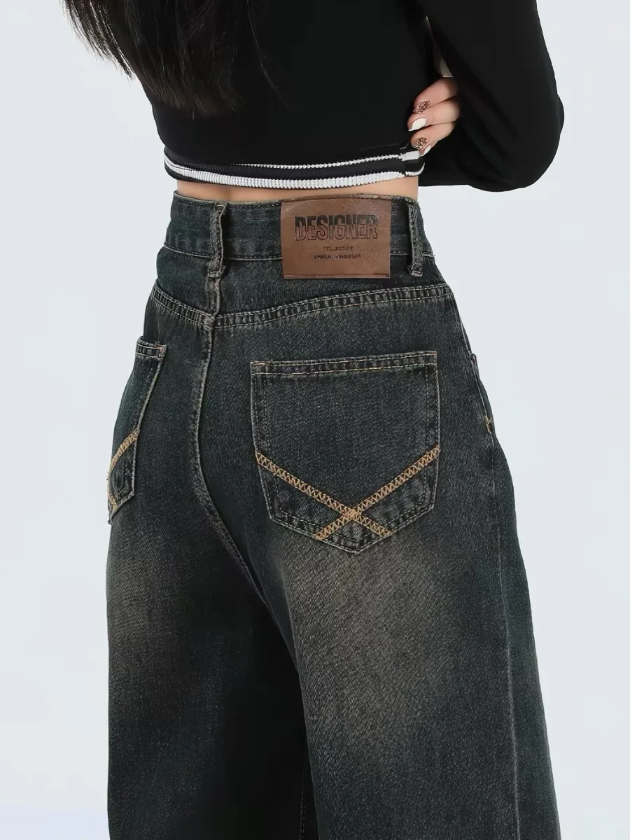 

High Waist Wide Leg American Style Denim Jeans Women's Spring Summer Loose Drapey Straight Long Pants Casual Pure Color