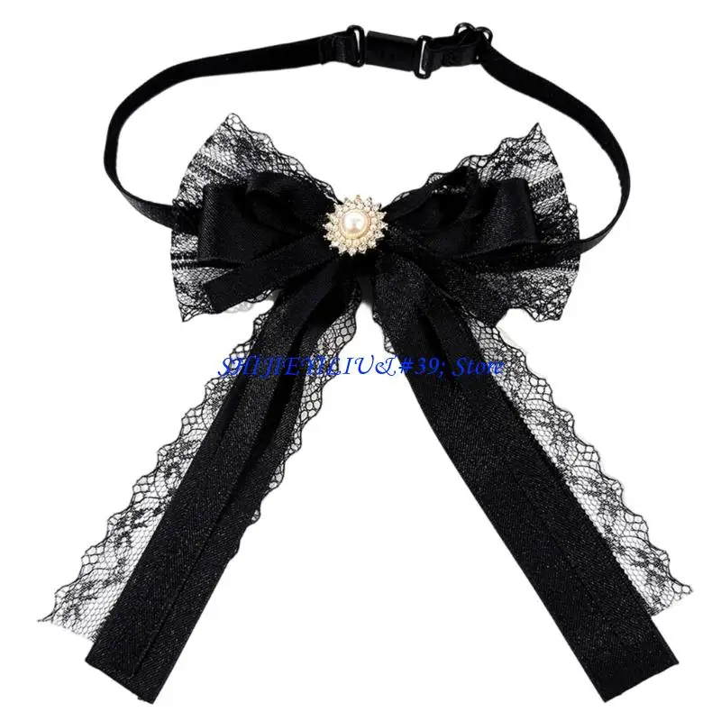 E21F Office Lady Pearls Brimmed Bows Tie for Women Girls for Normal Shirt Or Blouse Uniform Bowtie Pre Tied Bows Neck Tie