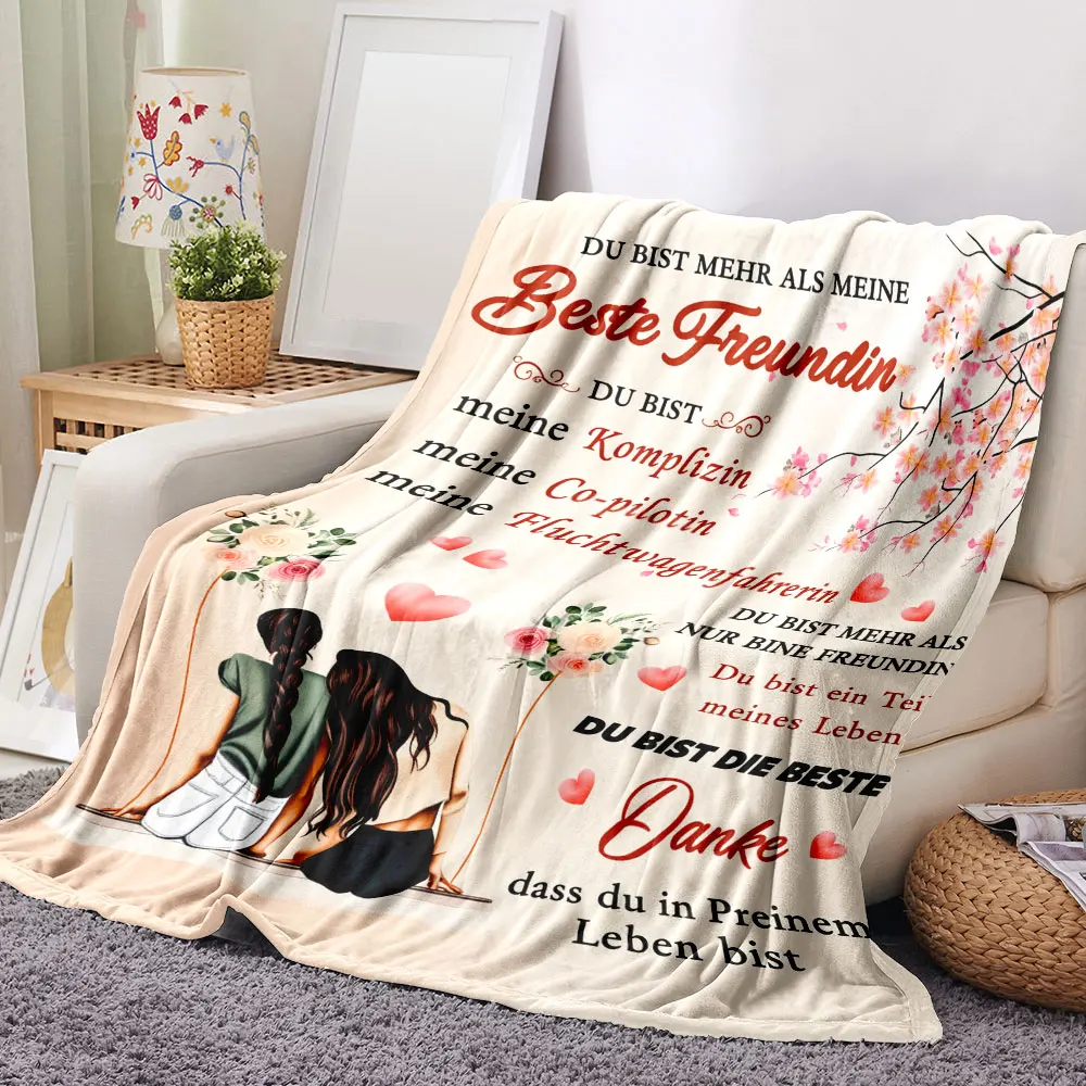 Friendship Blanket - Light peach background with German greeting 'DU BIST MEHR ALS MEINE Beste Freundin' and illustrations of tw