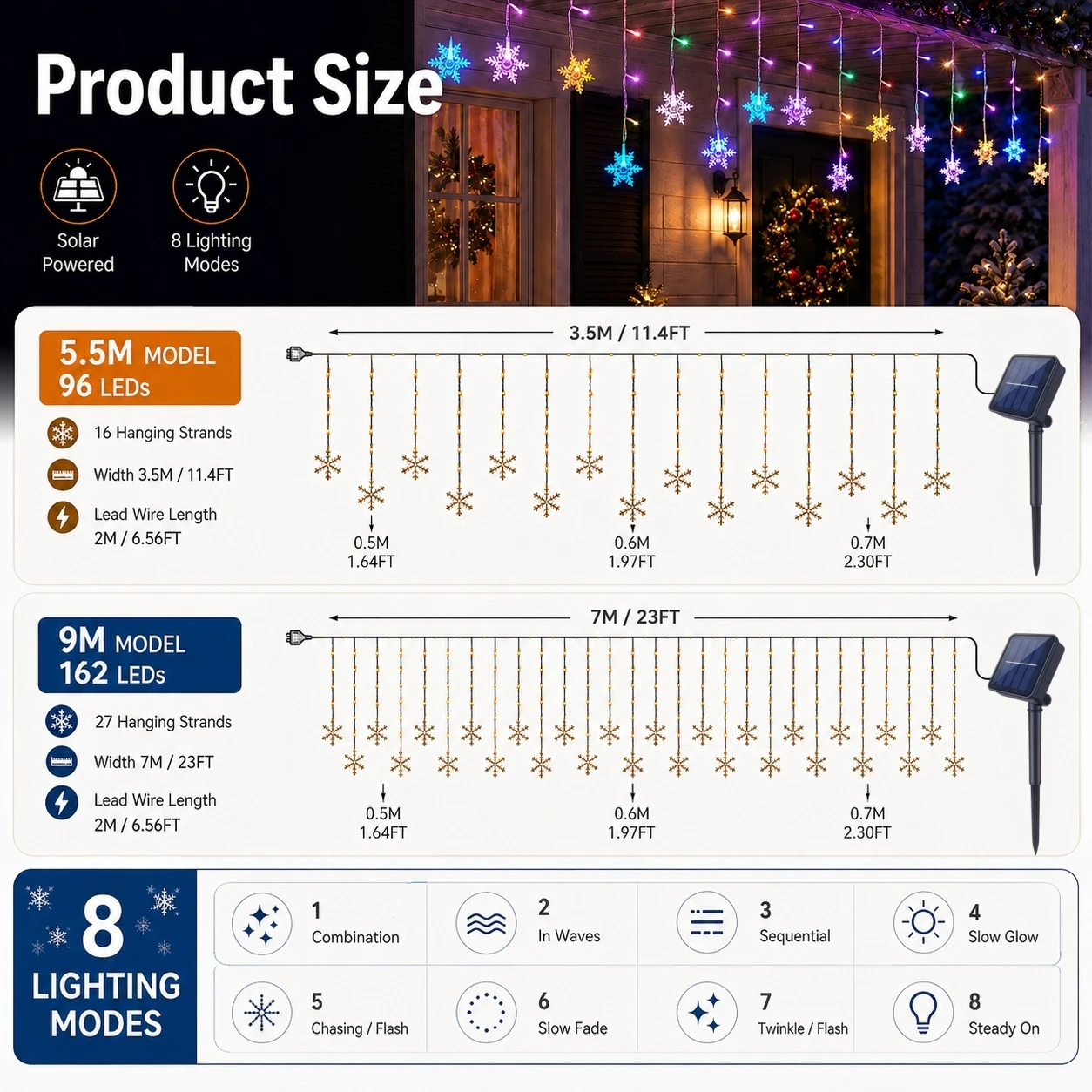 Solar Ice Strip Snowflake String Light Christmas Tree Decoration Light Winter Festival Light for Christmas Halloween Decor