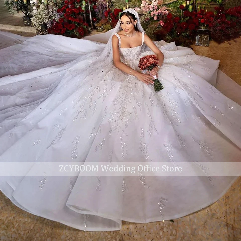 Customized Luxury Dubai White A-Line Appliques Wedding Dress 2025 Princess Glitter Sequins Women Bride Gowns Vestidos De Novia