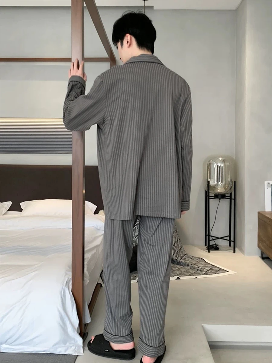 Pajamas Spring and Autumn Men's Long-Sleeved Trousers Cardigan Loose Lapel Large Size Home Clothes Spring Suit