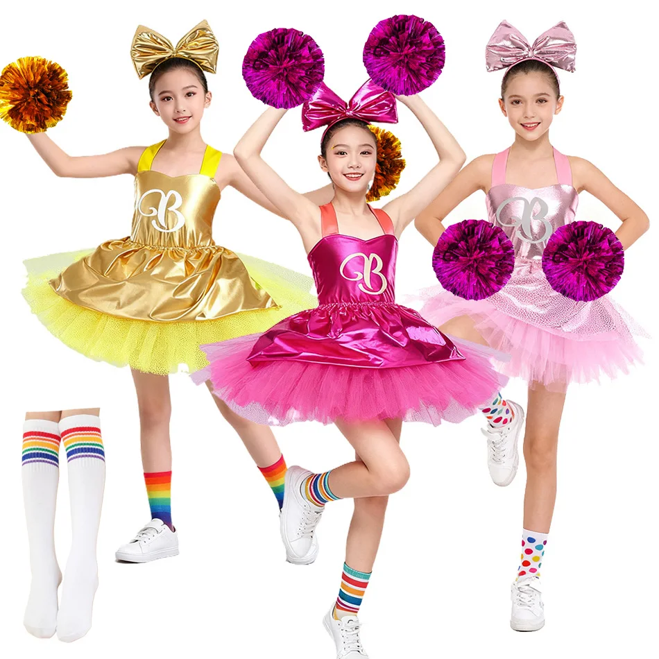 Girls Sparkly Cheerleading Tutu Dress 3-Color Costume Set with Hair Bow Pom Poms Knee High Socks for Dance Performance Party