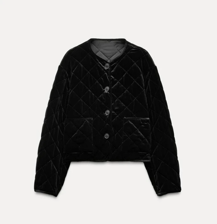 

Winter New Elegant Women Black Velvet Round Neck Quilted Long Sleeve Cotton Jacket Coats Warm Padded Stand Collar Outwear