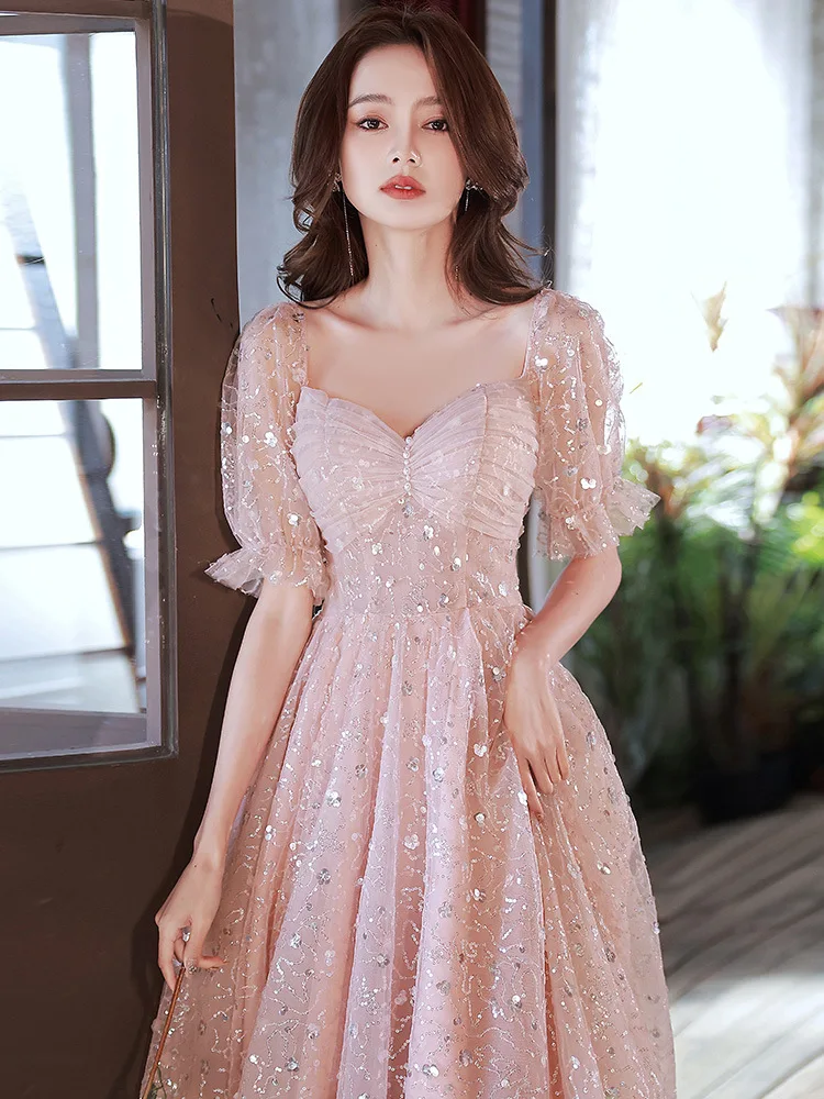 

Bling Pink Women's Prom Dress Glitter Sequin Tulle A-Line Birthday Party Dresses Sweet Banquet Mid-Length Princess Gowns