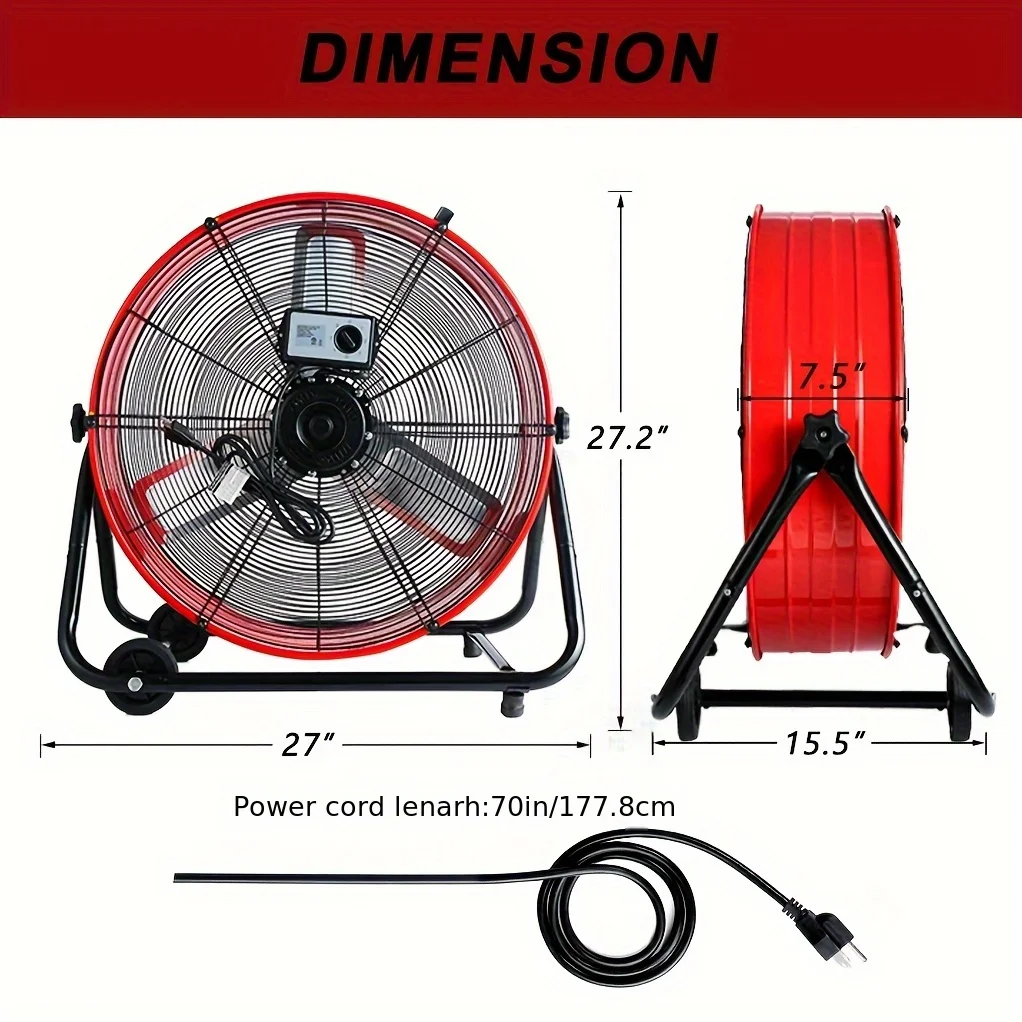 24-Inch Industrial Drum Fan – 9000 CFM Airflow, 3-Speed Control, 360° Adjustable Tilt, Built-in Casters & Carry Handle for Easy Movement – Ideal for Warehouses, Patios, Garages, Workshops view 8