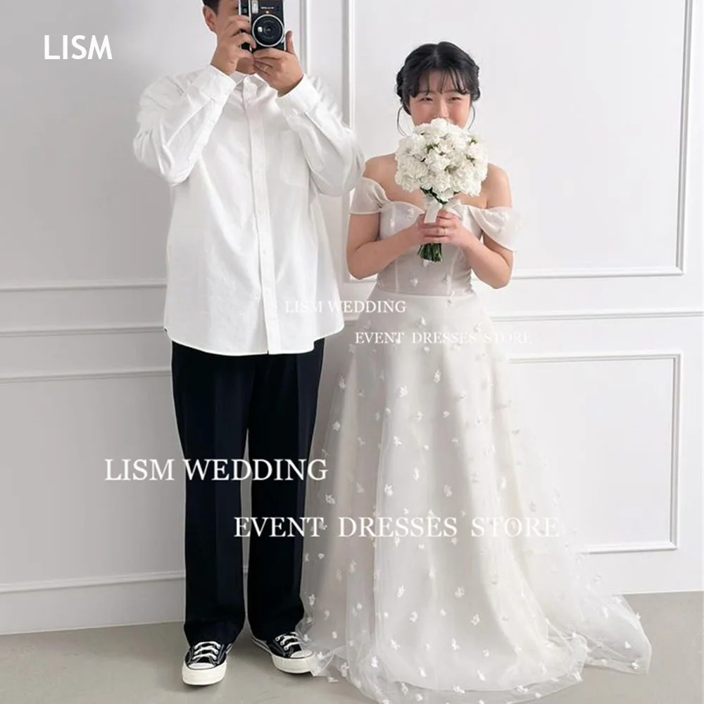 

LISM Sweetheart A Line Korea Wedding Dresses Photos Shoot Off Shoulder Vestidos De Novia Dot Sleeveless Formal Bride Party Dress