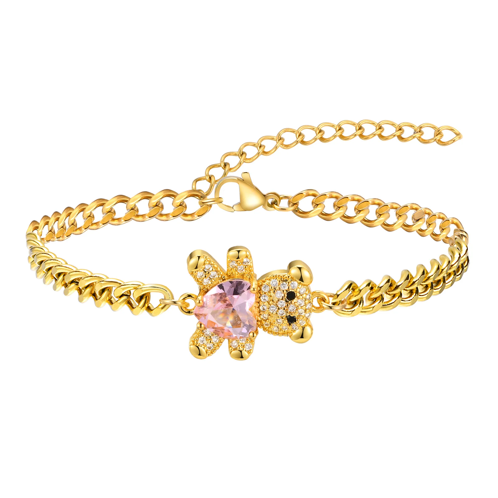 

Cubic Zirconia Pave Teddy Bear Bracelet for Women, Pink Crystal Gold Plated Chain Hand Wholesale Jewely