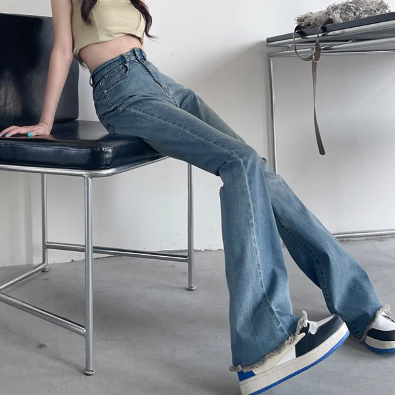 

Синие джинсы, женские широкие брюки в американском стиле, свободные модные темпераментные винтажные женские брюки с высокой талией, летние расклешенные брюки