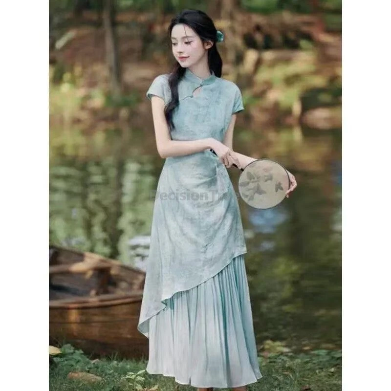 National style new Chinese Zen-inspired fresh sweet gradient jacquard qipao dress short sleeve splicing daily cheongsam