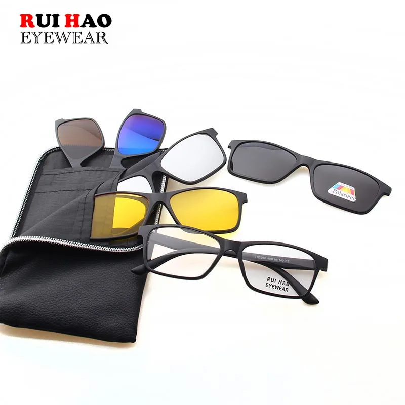 Rectangle Eyeglasses Frame With 5 Clip on Sunglasses Super Light Glasses Men Rui Hao Eyewear Unisex Optical Frame tr2266