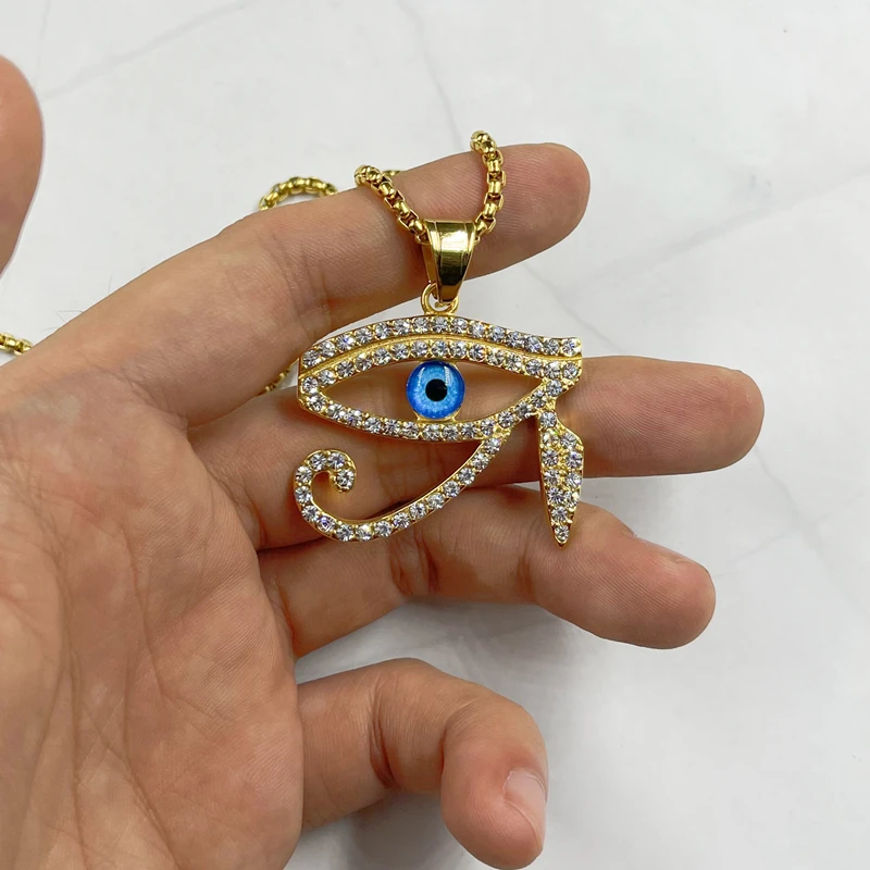 

Gold color blue Eye Of Horus Pendant with zircon Men Women Jewelry Hip hop Stainless steel Gold Color Pendant Necklace Chain