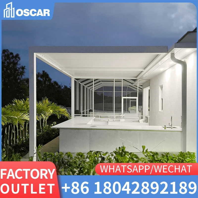 Custom 3*3 3*4 4*4 6*4 Outdoor Pergola Bioclimatic Canopy Aluminium Pergola With Sliding Glass Door Louvered Roof