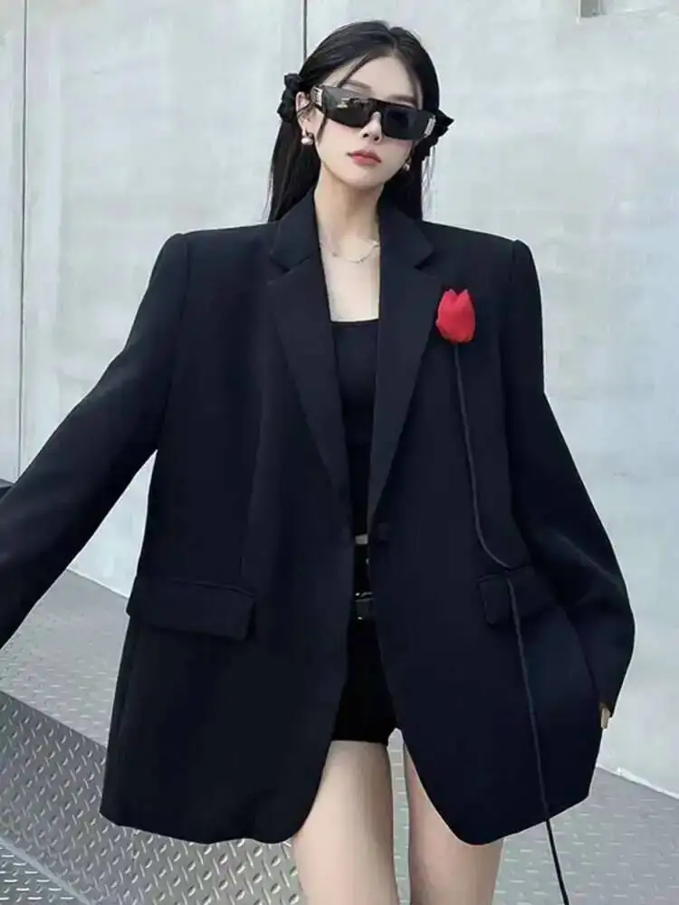 EAM Women Black Big Size 3D Rose Casual Blazer New Lapel Long Sleeve Loose Fit Jacket Fashion Tide Spring Autumn 2025 30A3049