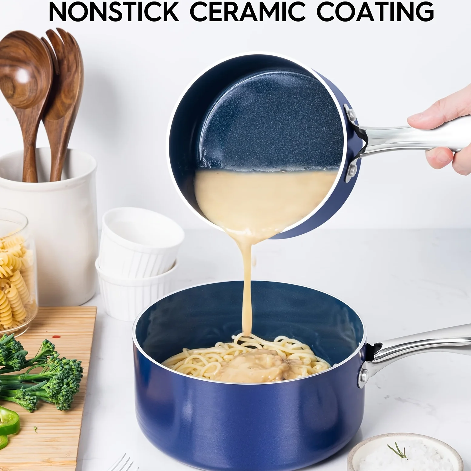 

Nonstick Ceramic Sauce Pan Set with Lids | Oven Safe Aluminum Small Pot with Handle | Blue