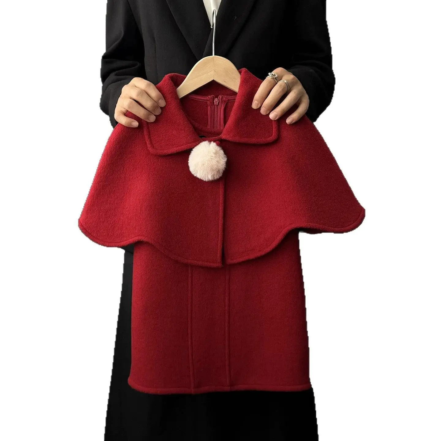 Girls Set Winter Children Woolen Cloak Shawl New Year Clothing Red Woolen Coat Outerwear Trendy Fashion and Versatile