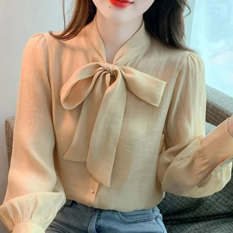 Autumn Women's 2024 New Patchwork V-neck Bow Button Fashion Solid Loose Comfortable All-match Lantern Sleeve Blouses Shirts