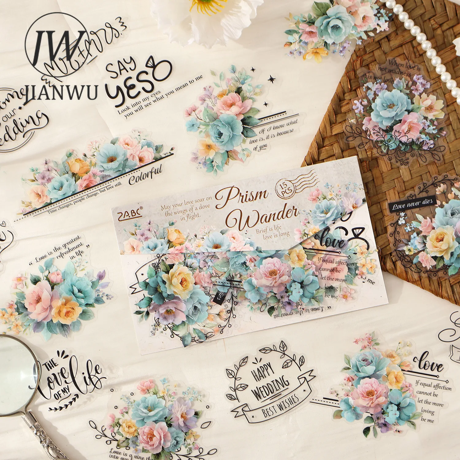 JIANWU Tinted Silk Melody Series Vintage English Text Flower Landscape Material Collage PET Sticker Creative Journal Stationery
