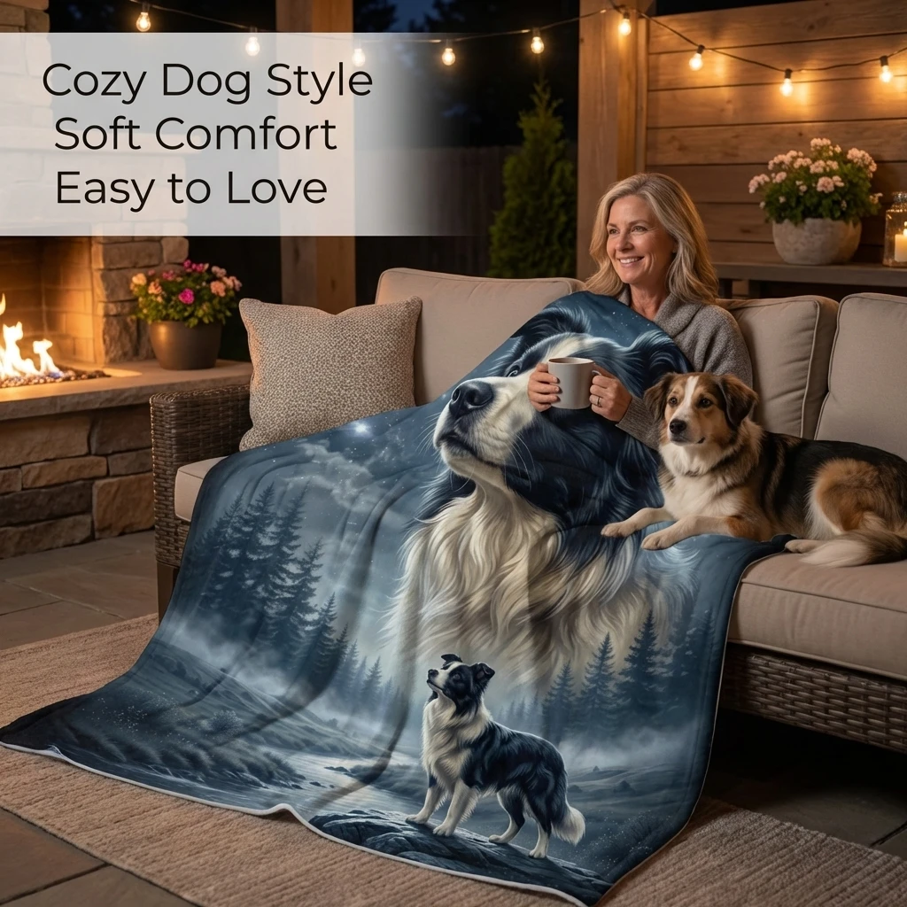 Soft Starry Night Border Collie Art Flannel Throw Blanket, Ultra Soft All-Season Throw Blanket as Gift for Dog Moms