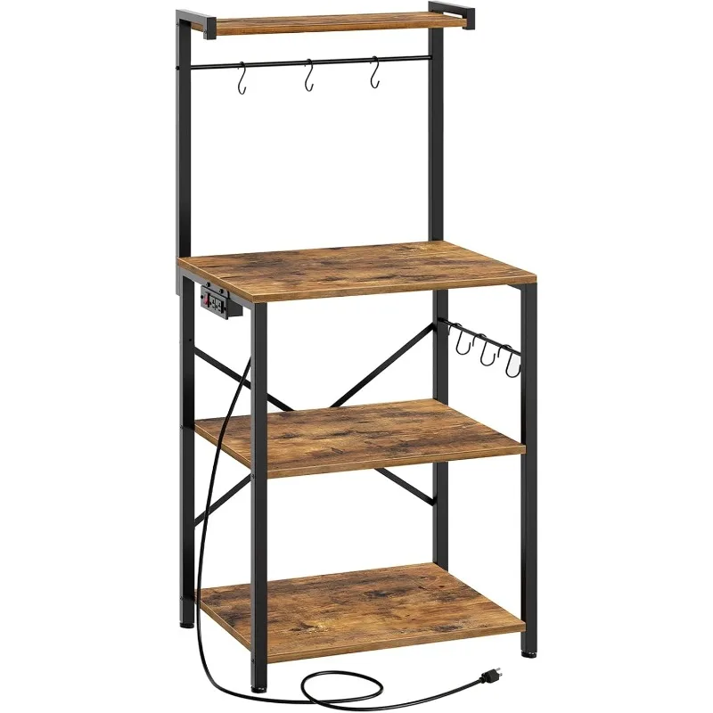 Bakers Rack with Power Outlets, 4 Tier Microwave Stand, Coffee Bar Station with 6 S-Shaped Hooks, X-Shaped Back Support