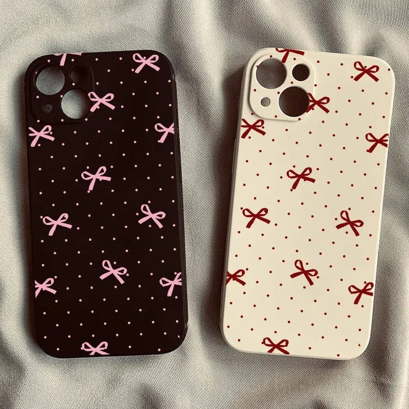 

Ins Korean Cute Bow Polka Dot Phone Case For iPhone 16 15 14 13 12 11 Pro Max Mini X XS SE4 7 Plus 16E Shockproof Silicone Cover