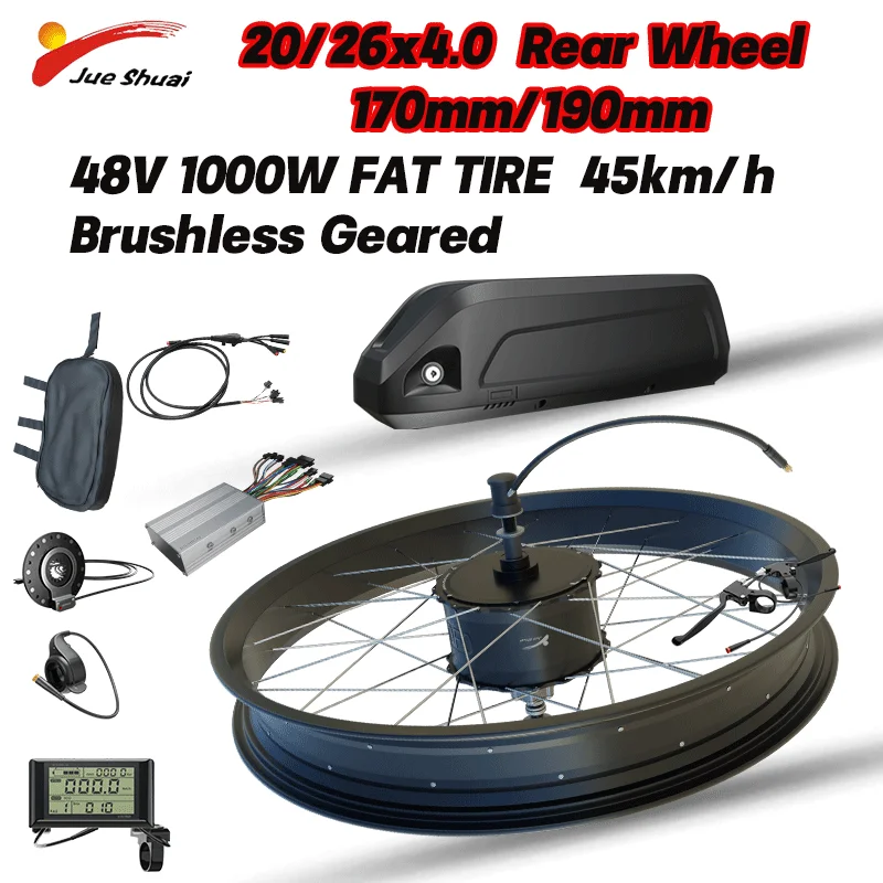 Kit de conversión de bicicleta eléctrica, 48V, 1000W, con batería, 20/26 pulgadas, 4,0, Motor de cubo de rueda trasera, caída de 170/190mm para bicicleta eléctrica, EE. UU., en STOCK