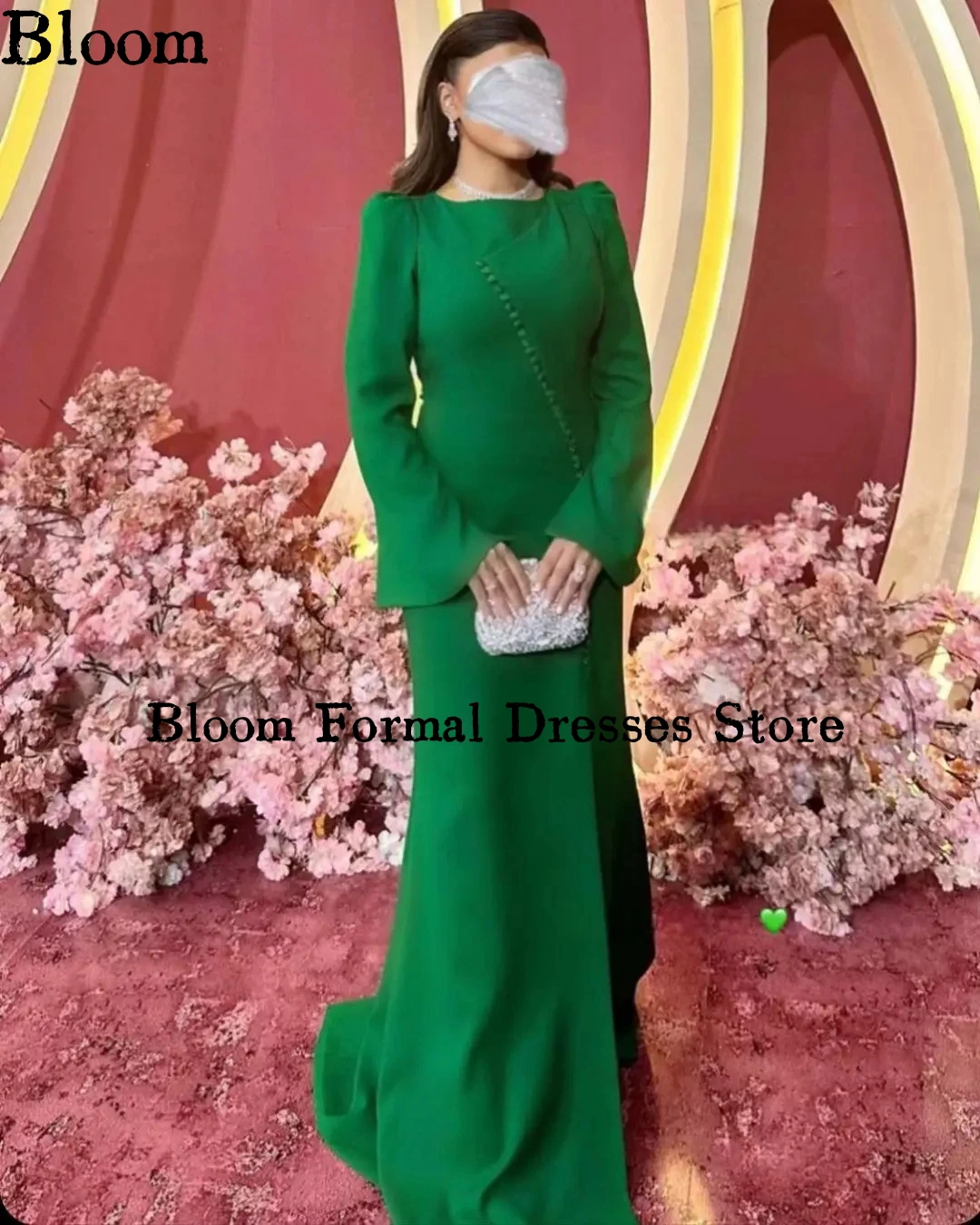 Bloom Green Noble Evening Dresses For Prom Long Sleeves Buttons Floor-length Simple Formal Dress Celebration Wedding Party Dress