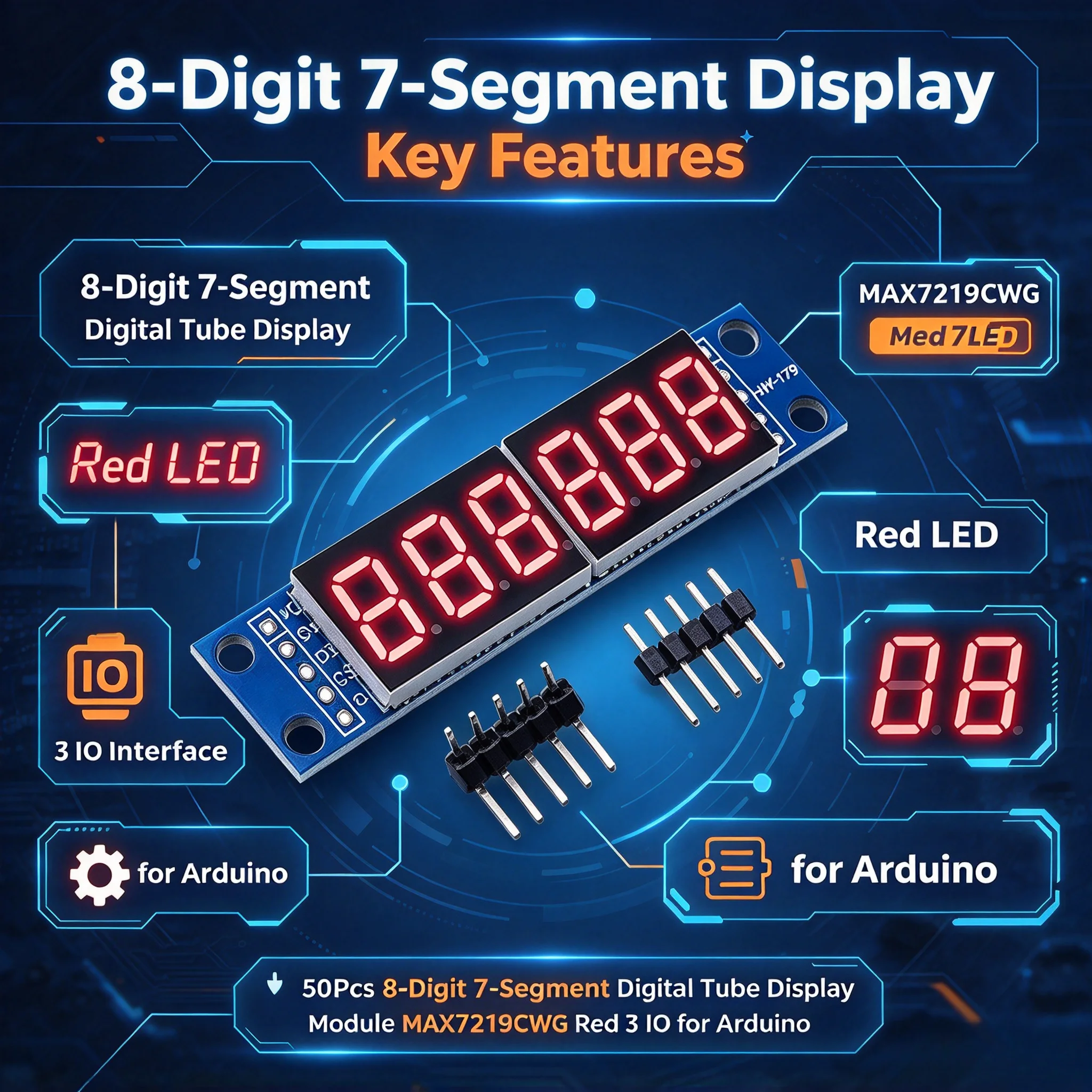50Pcs 8-Digit 7-Segment Digital Tube Display Module MAX7219CWG Red 3 IO for Arduino