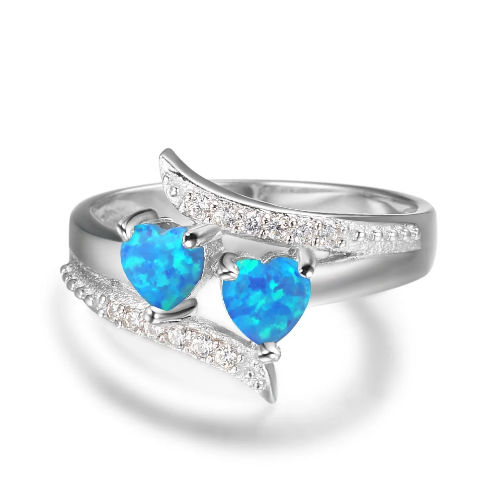 China Wholesale Sterling Silver Fashion Ring Elegant Blue Opal Heart Shaped Wedding Ring Women Twisted Engagement Ring