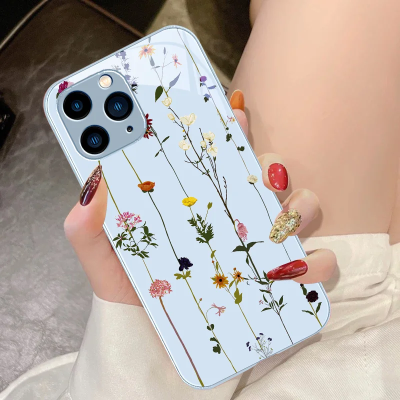 Green Tempered Glass Phone Case For IPhone 15 Pro 14 13 12 Mini 11 XS Max XR 7 8 Plu SE 2020 2022 Spring Light Vine Small Flower