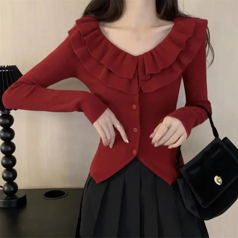 Elegant French Style Ruffles Spliced Sweaters Autumn Winter Slim Casual V-Neck Women\'s Clothing Long Sleeve Knitted Cardigan New