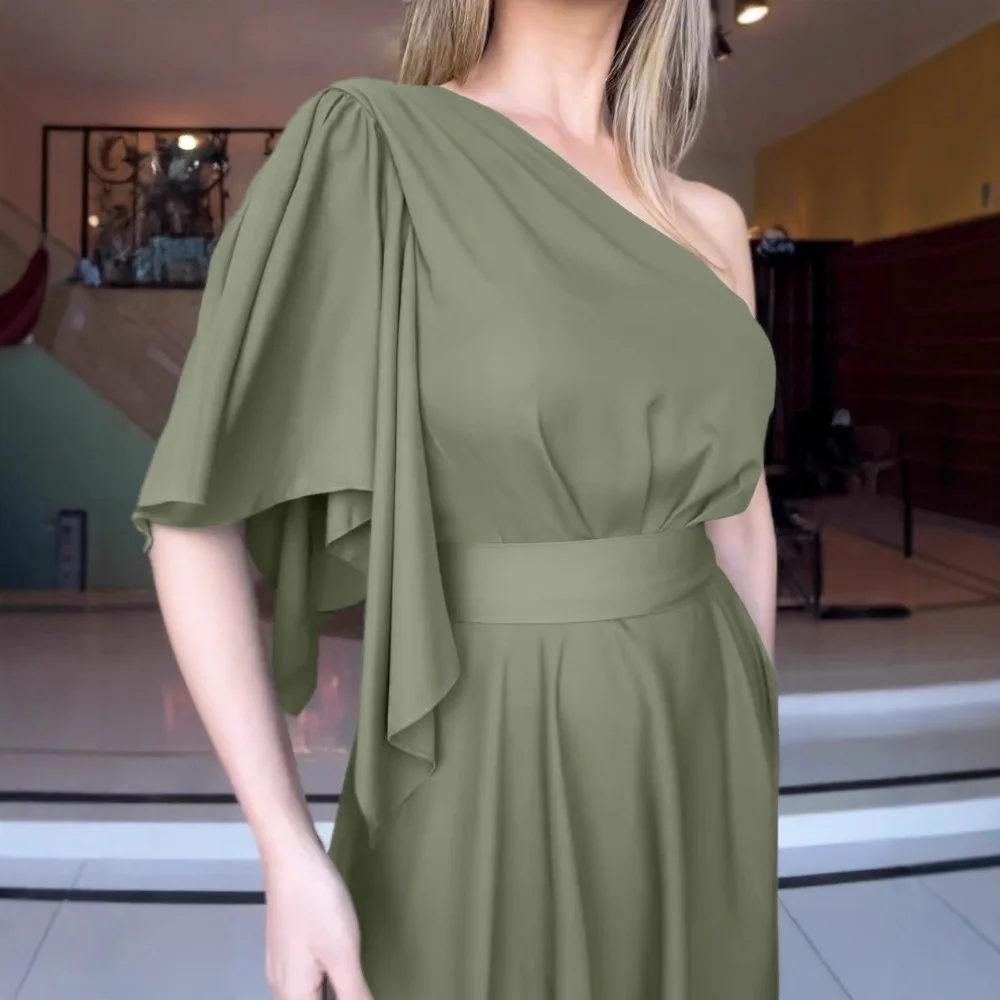 Um ombro assimétrico manga laço vestido de festa casual zíper lateral cintura cinched assimétrica bainha maxi vestido com cinto