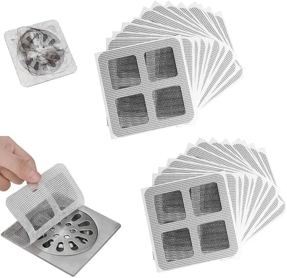 

10 PCS Disposable Shower Drain Stickers, 4"x4" Hair Catcher Mesh - Bathroom Sink, Tub, Kitchen Floor Drain Protector, Easy Use