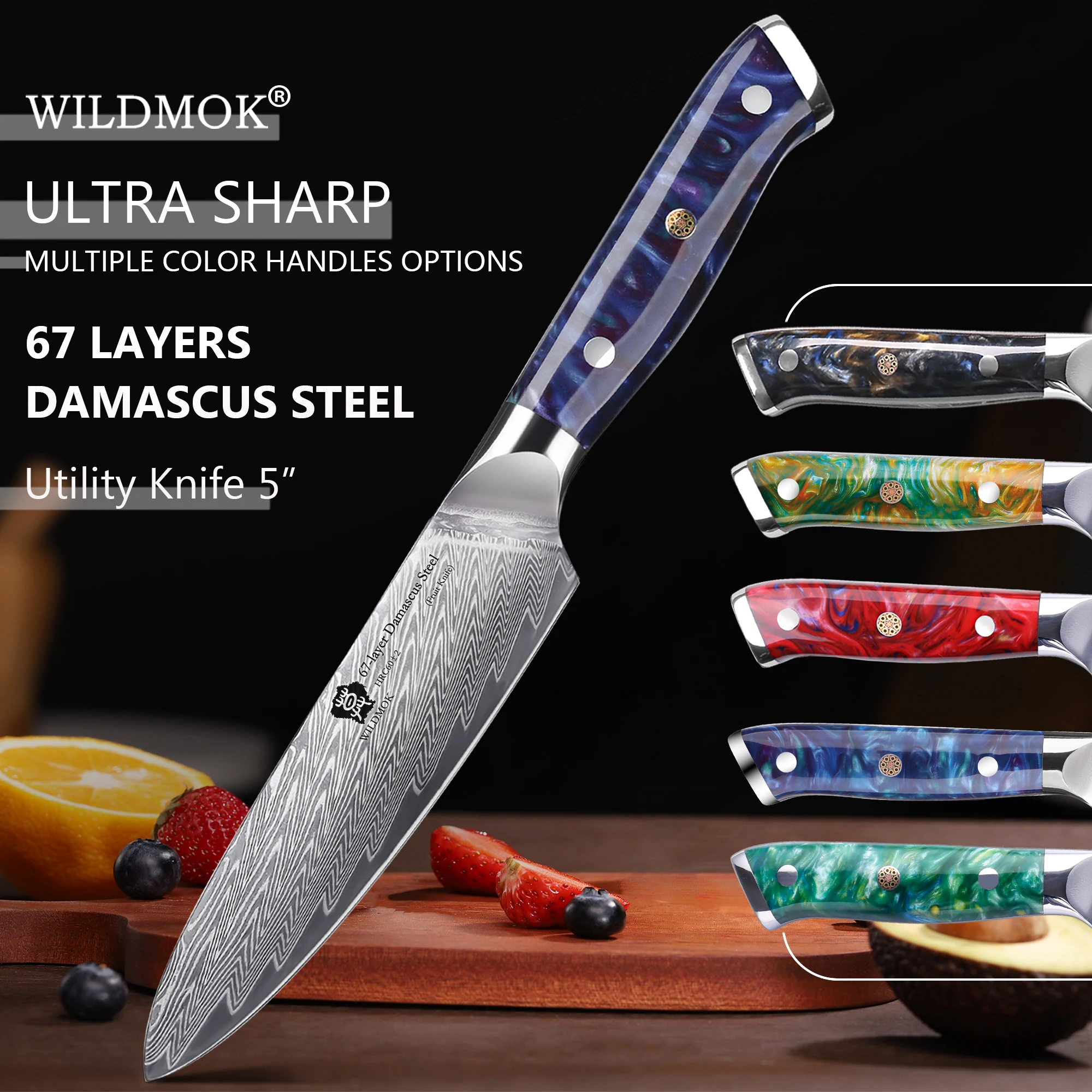 

WILDMOK 5"Utility Knife Multipurpose Knife for Peeling Dicing, Damascus 67-Layer Damascus VG10 Steel, Professional Resin Handle