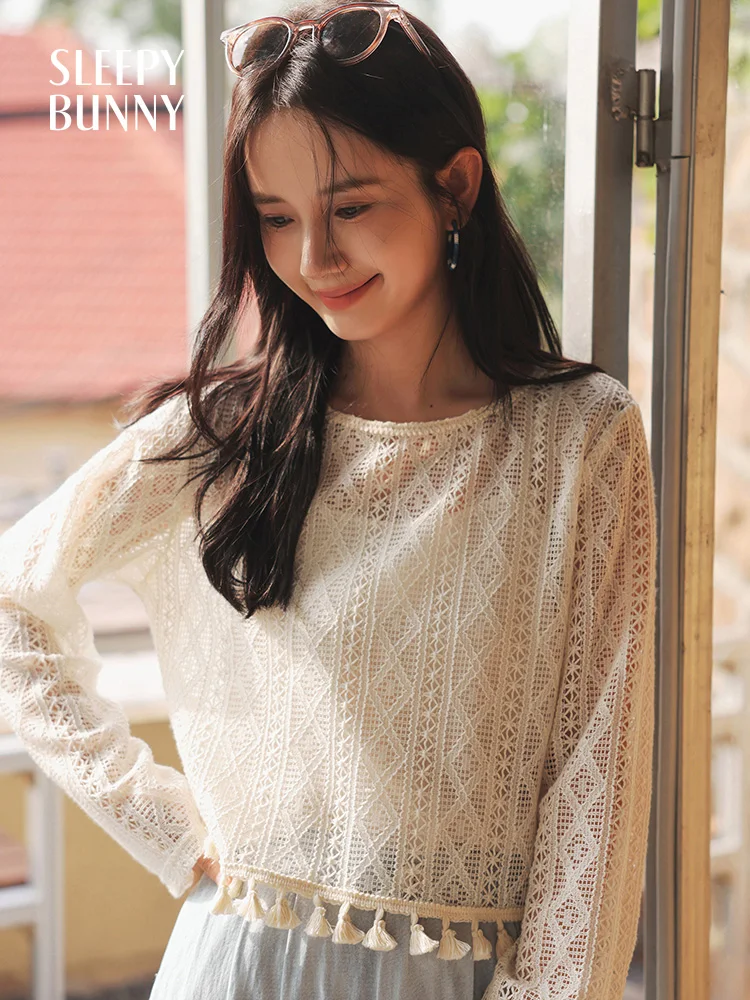 Lace Knit T-Shirt for Women Summer Hollow Out Crochet Top Loose Long Sleeve Tassel Blouse Sun Protection Beach Cover Up Shirt