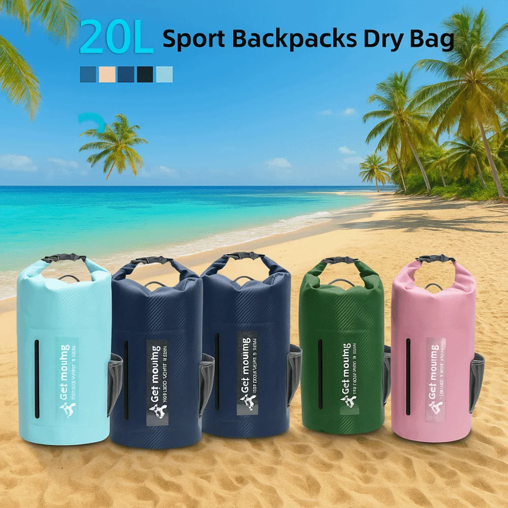 20L Waterproof Dry Bag with Shoulder Straps Large-Capacity Swimming Bucket Bag Lightweight Foldable Beach Backpack Water Sports