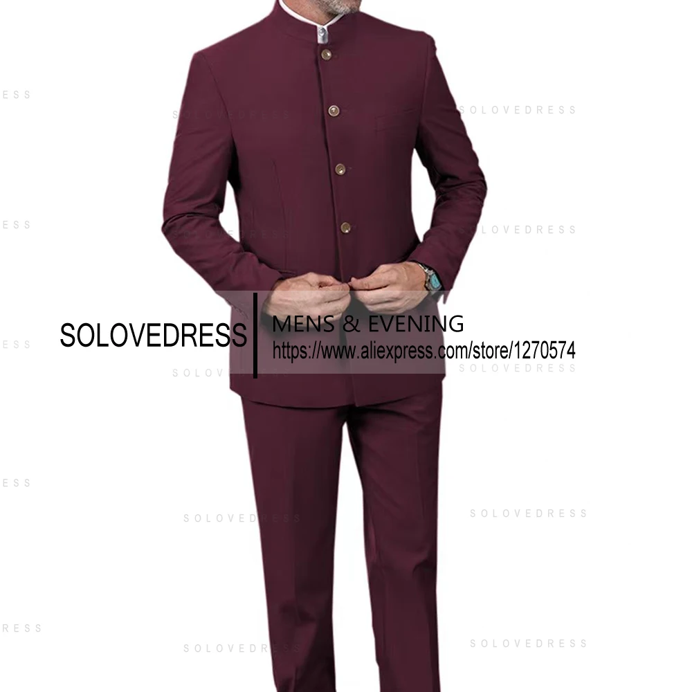 Classic 2 Piece Men\'s Slim Fit Solid Color Stand Collar Wedding Suit (Blazer+Pants)