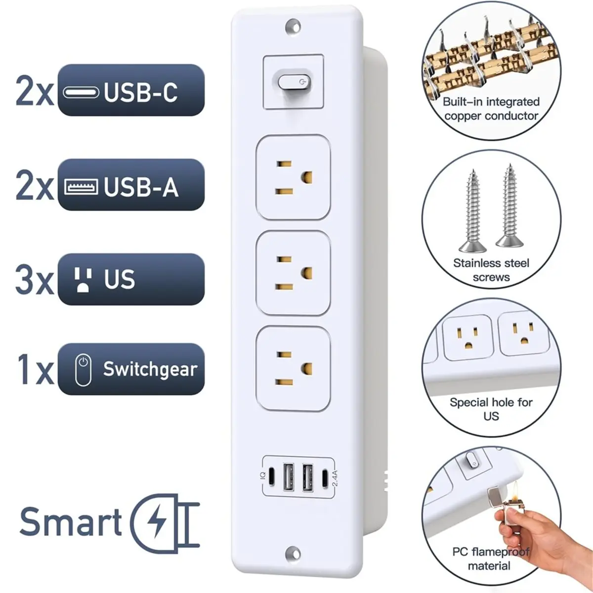 PREMIUM QUALITY Recessed Power Strip with 2 USB-C 2 USB-A Ports Flush Mount Desk Outlet for Furniture Hidden Charging Station US