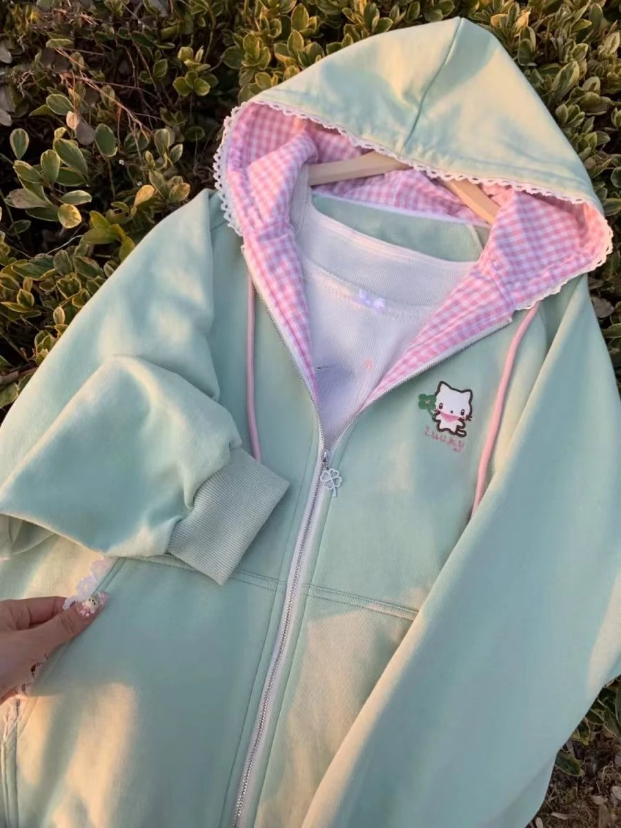 原宿風スイート長袖レースフード付きジャケット刺繍入りレディースカジュアルY2Kカワイイ漫画プリントジッパーコートアニメ2025秋