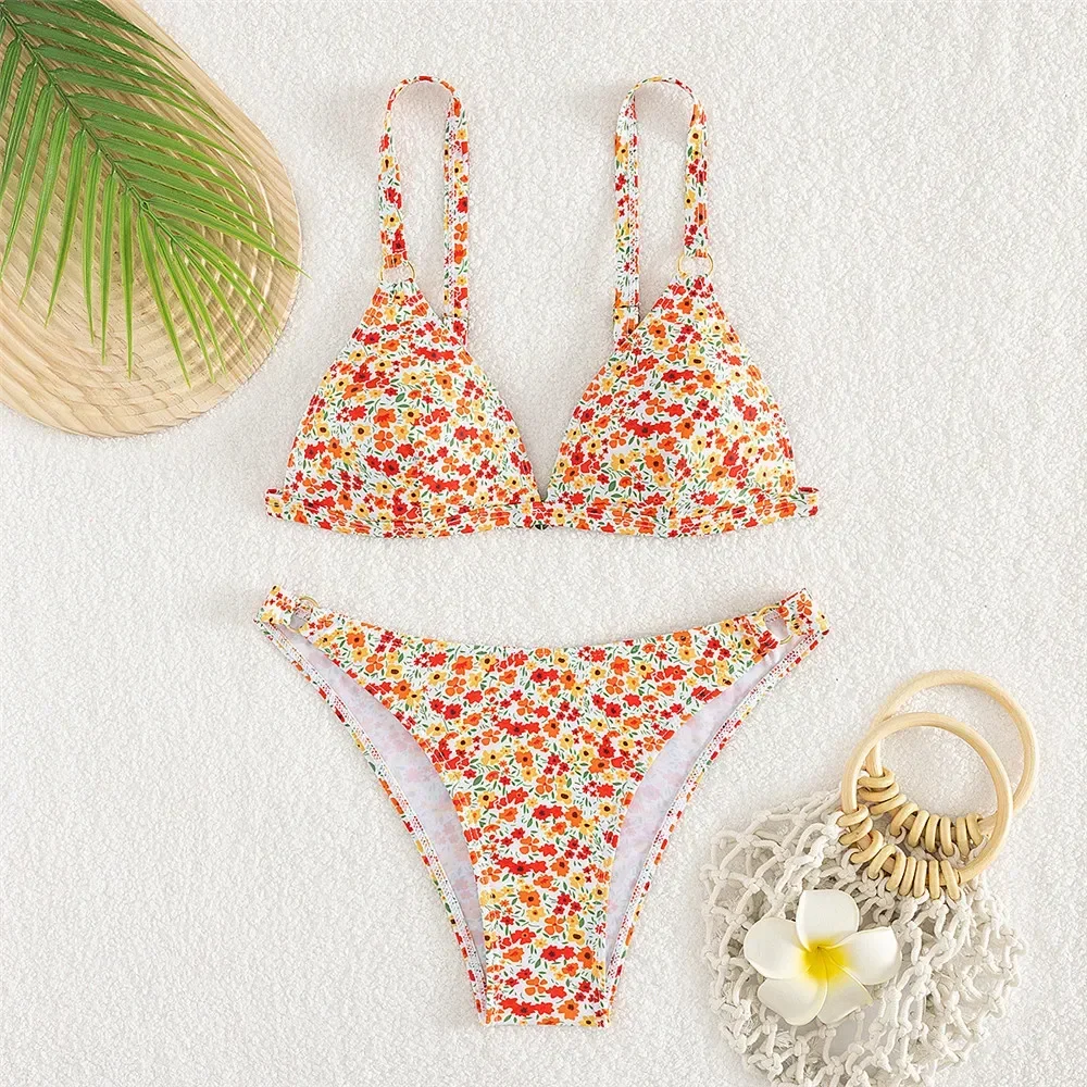 Sexy Floral Print Triangle Bikinis Sets Swimsuit 2024 Micro Thong Swimwear Push Up Bathing Suit Beach Wear Bikini Mujer Biquinis