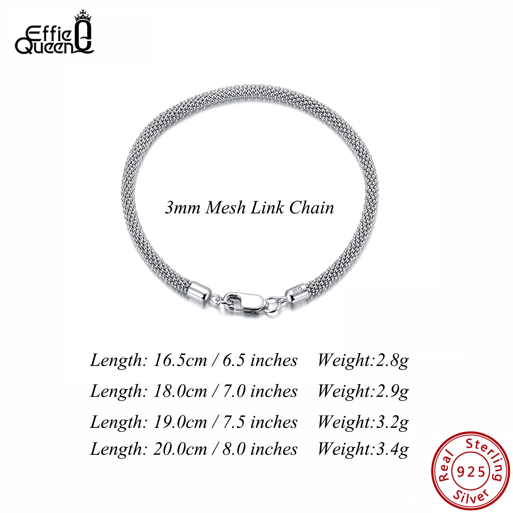 

EFFIE QUEEN 925 Sterling Silver Italian 3mm Mesh Link Chain Bracelet Rhodium Plated With Classic Lobster Claw Clasp Present SB65