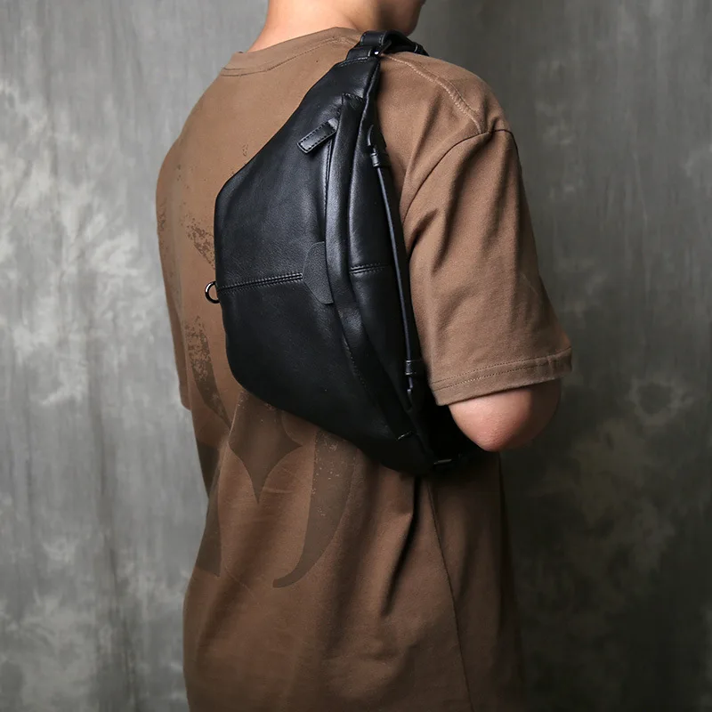 Top-Grain Cowhide Mens Convertible Crossbody Chest Bag Casual Large-Capacity Anti-Theft Handheld Shoulder Bag