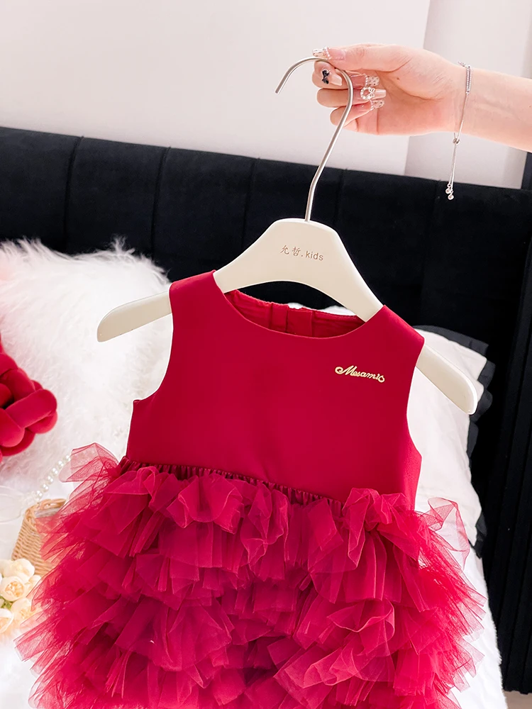 Vestido de Verão para Meninas Princ Sle, Saia em Camadas, Moda Infantil 2025, Outros Materiais de Verão