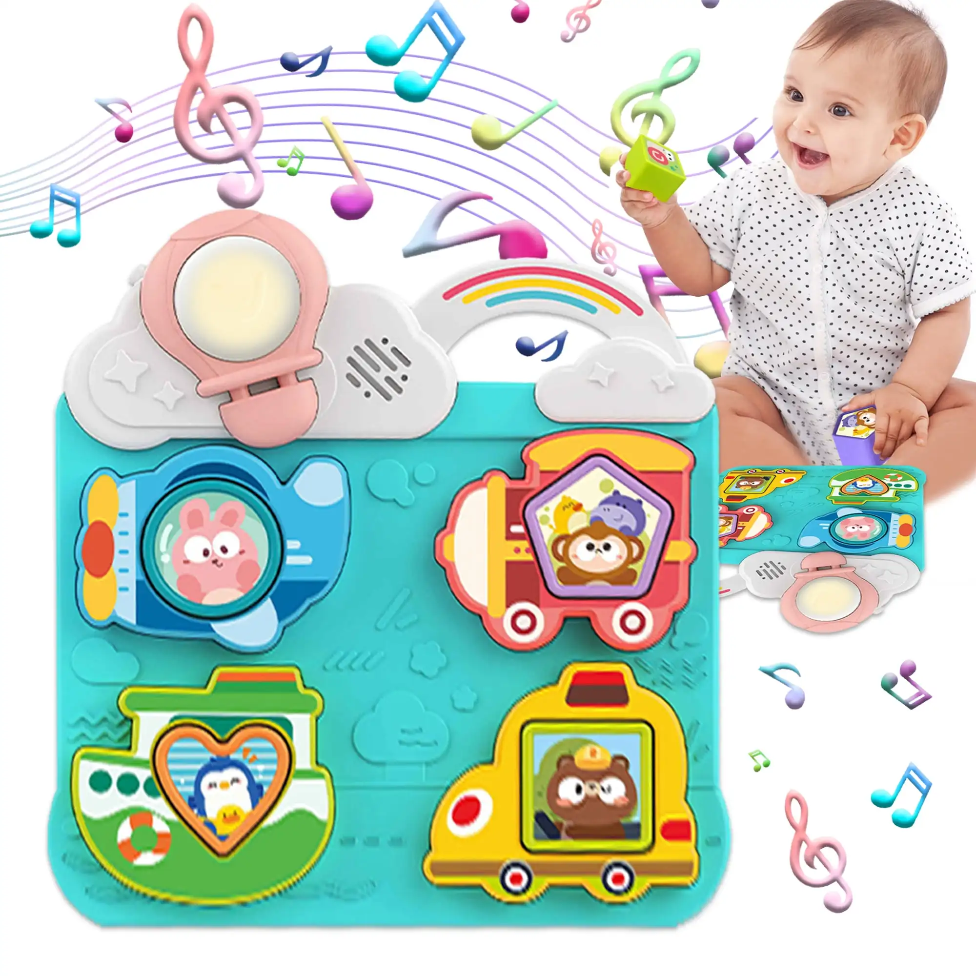 

Montessori Busy Board Toy with Music & Light Fun Vehicle Building Blocks Cute Bear Monkey Bunny Matching Toys for Toddlers Kids