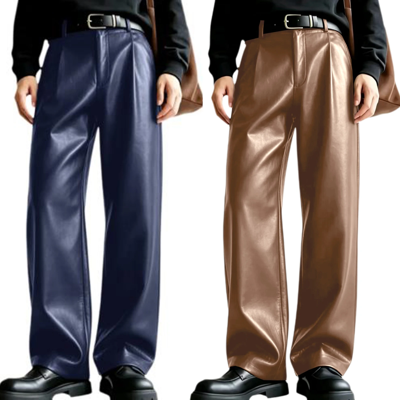 

Vintage Men's PU Leather Wide Leg Pants Pleated High Waist Suit Trousers Smart Business Casual Loose Fit Fashion Streetwear