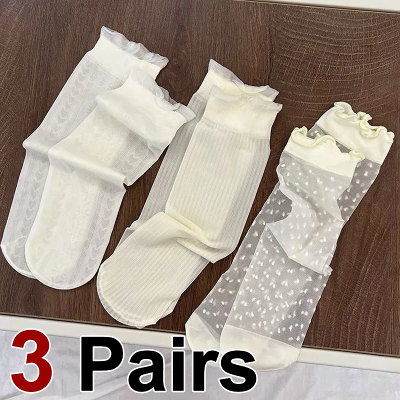 Summer Ultra-Thin Lace Mid Tube Socks Breathable Comfortable Fashionable Sweet Lace Lolita Style Pleated Side Casual Sock