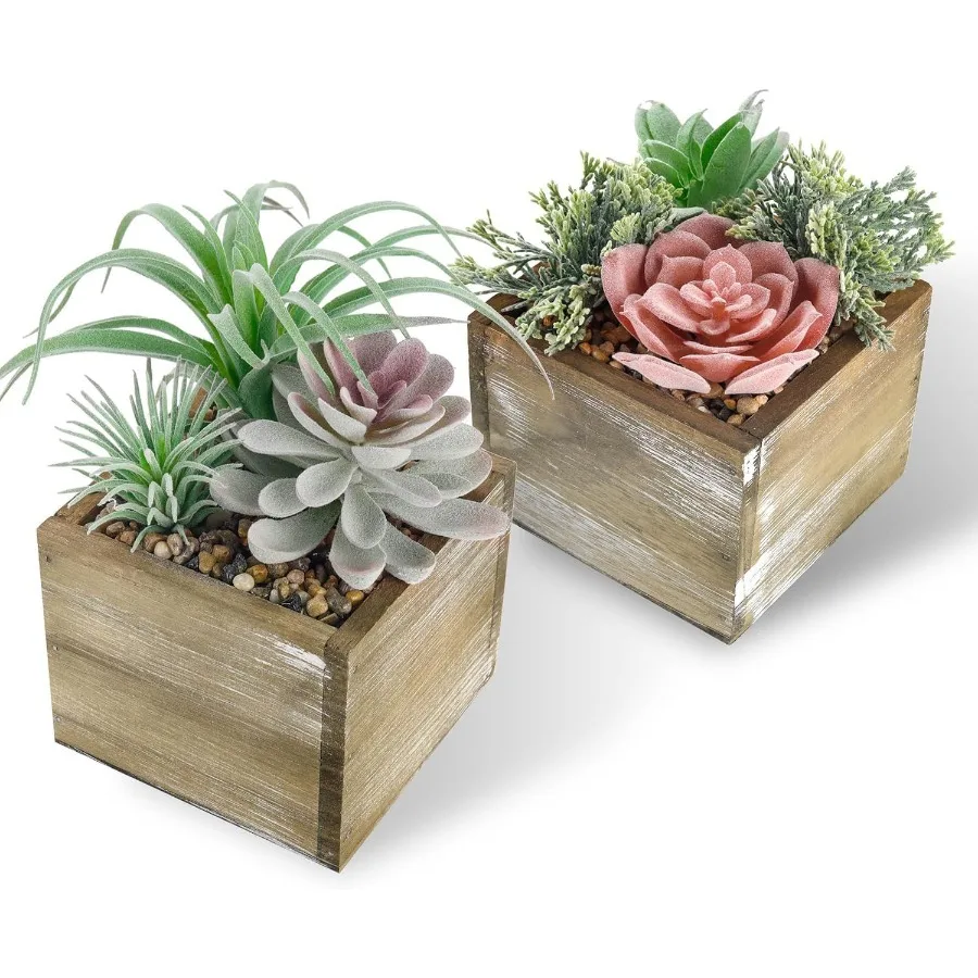 

2 Pack Fake Succulents Artificial Cactus Plants in Wood Pots with Pink Flowers for Farmhouse Bathroom Decor