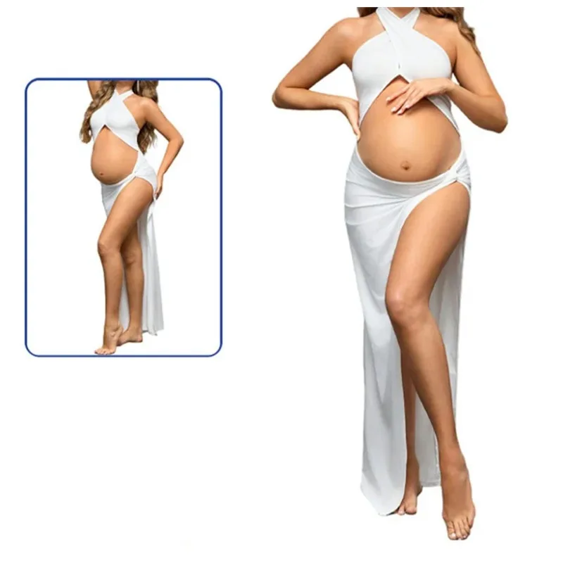 

Pregnancy Photoshoot Dress Slim Fit Sexy Cross Collar Exposed Belly Dress Maternity Photo Shoot Black White Photography Dress
