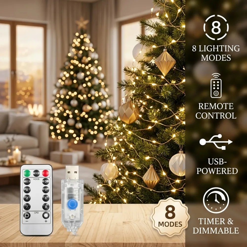LED Christmas Copper Wire Fairy Lights USB Powered Remote Control 8 Modes Timer Dimmable for Party Home Table Decoration