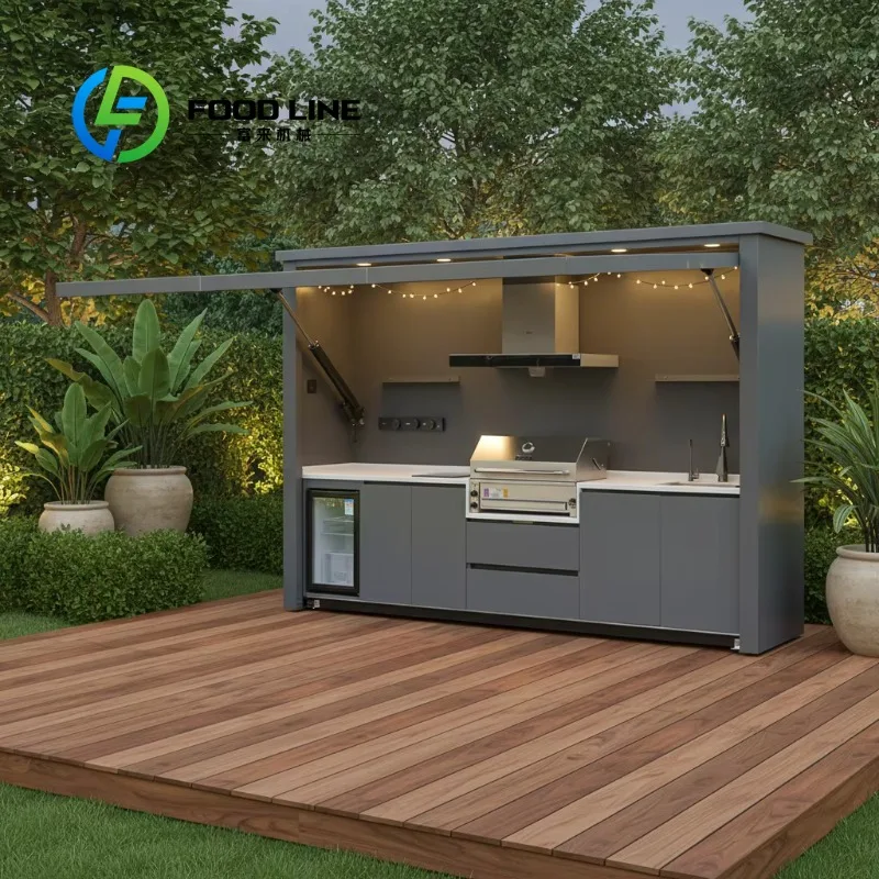 Custom Modular Outdoor Barbecue Kitchen Set with Full Size Fridge & Storage Doors, All-in-One Outdoor Patio BBQ Kitchen Unit